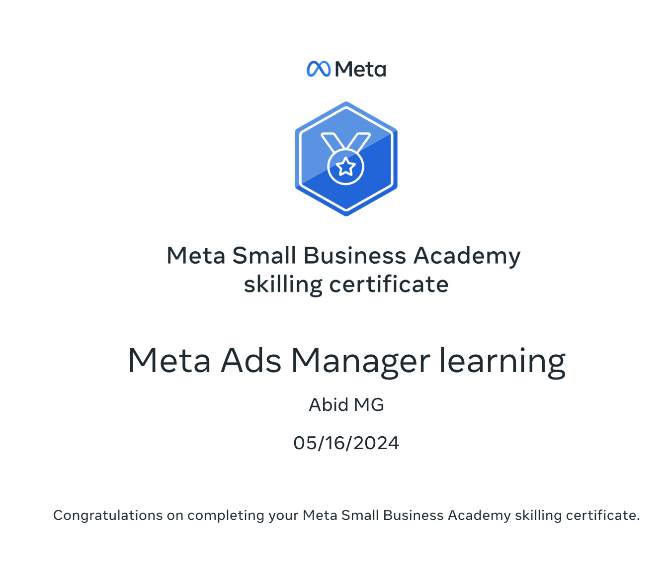 Abid Mohammed Meta ADs Manager Certificate