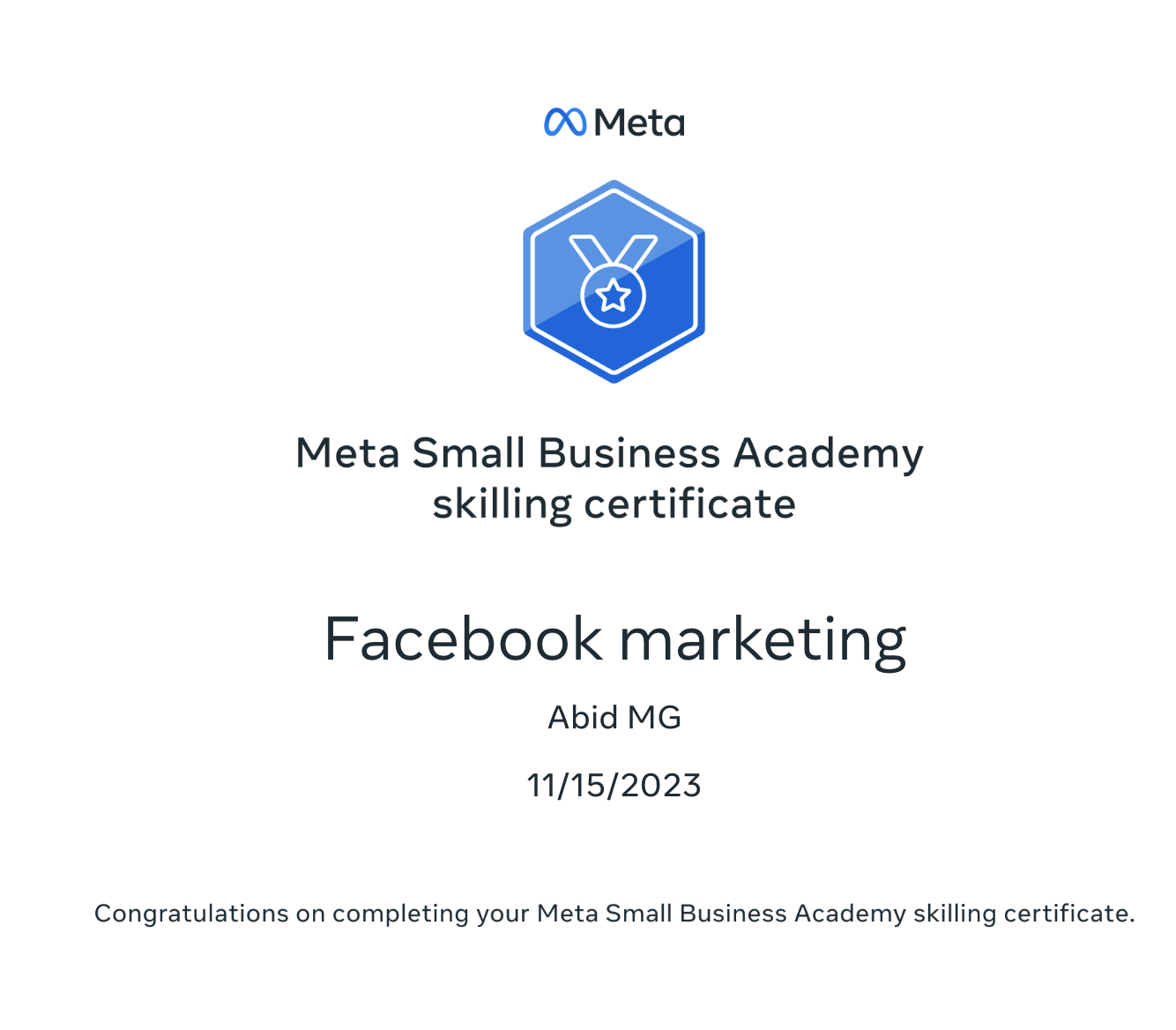 Abid Mohammed Meta Facebook Marketing certificate