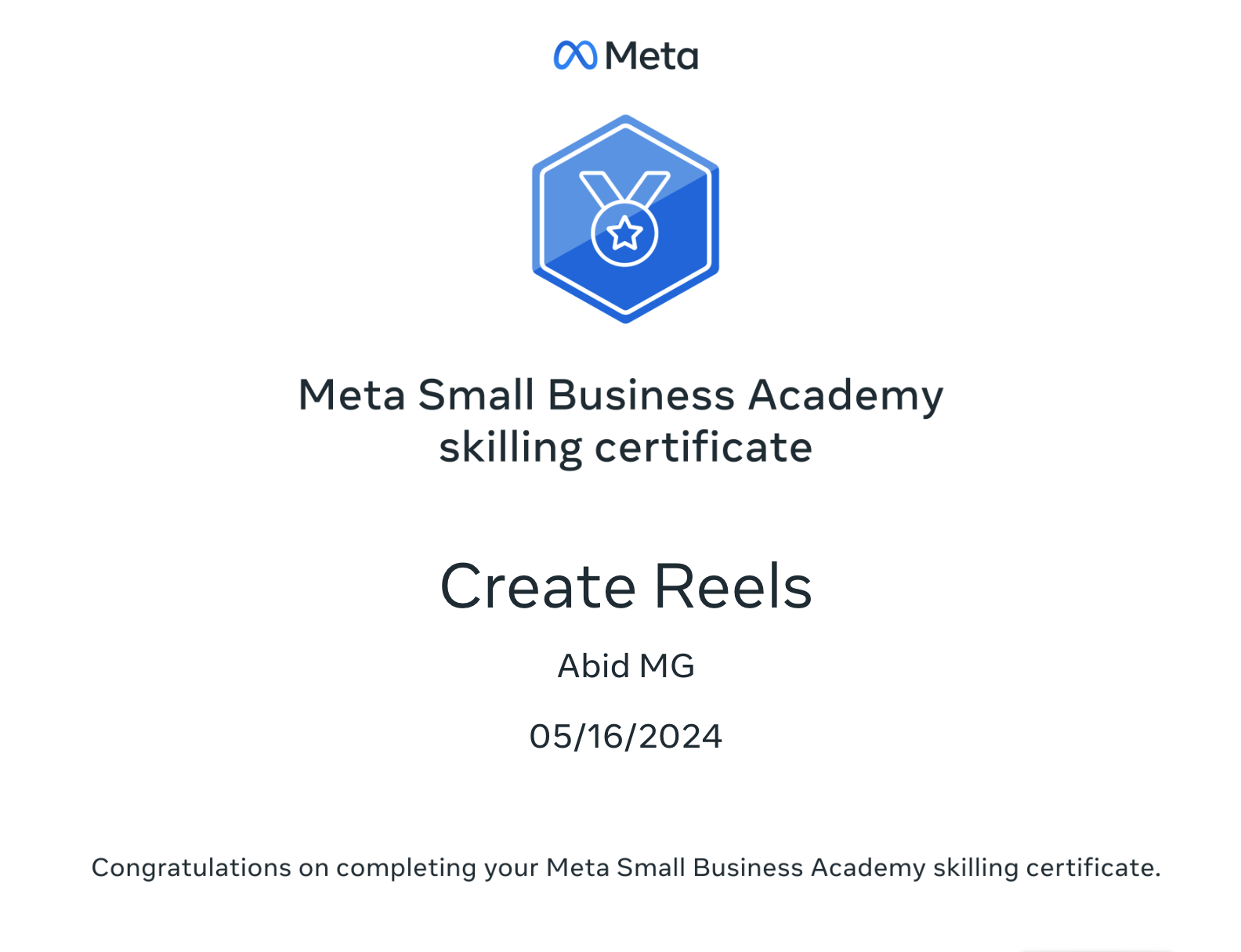 Abid Mohammed Meta Instagram Marketing Create Reels certificate