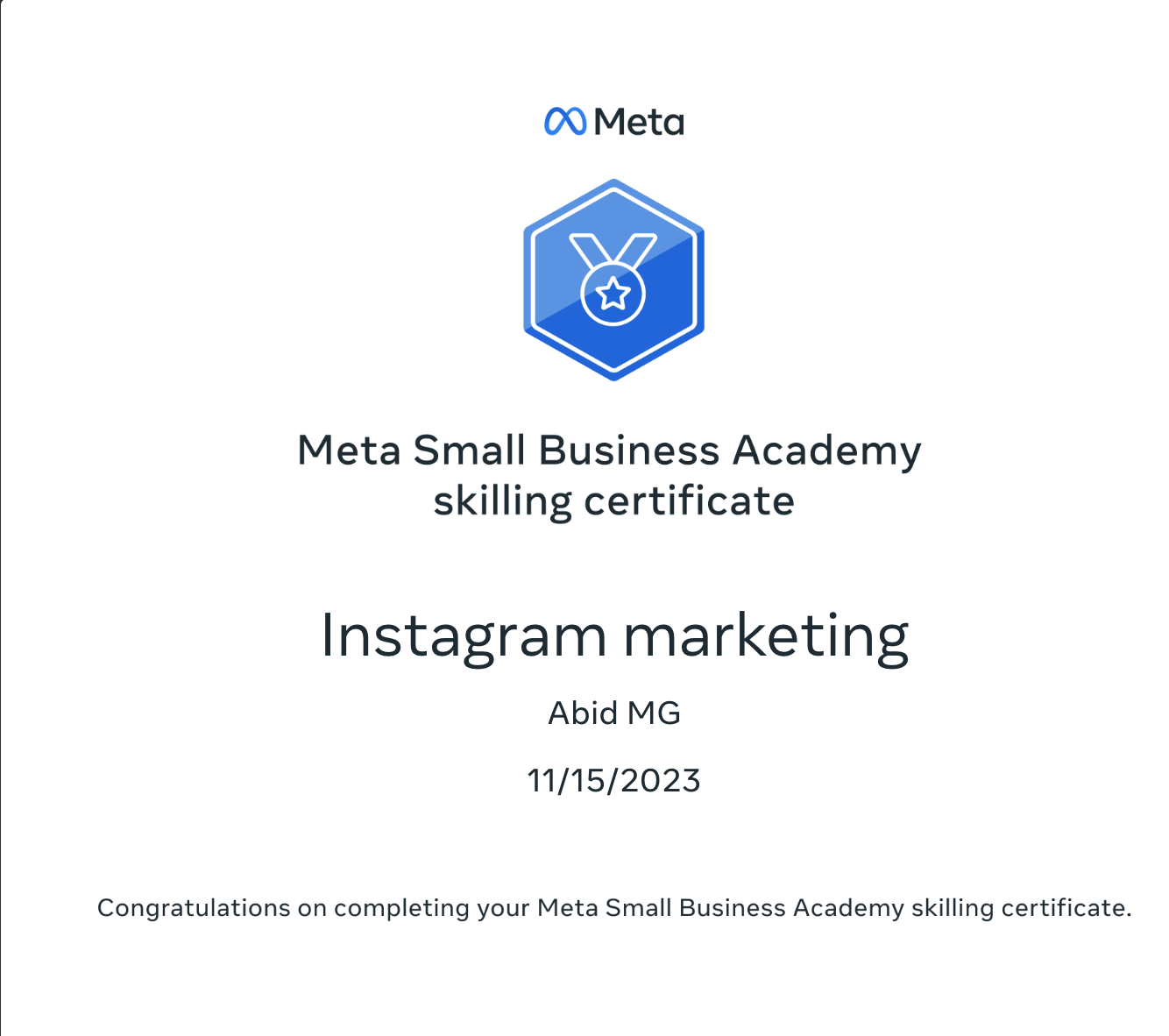 Abid Mohammed Meta Instagram Marketing certificate