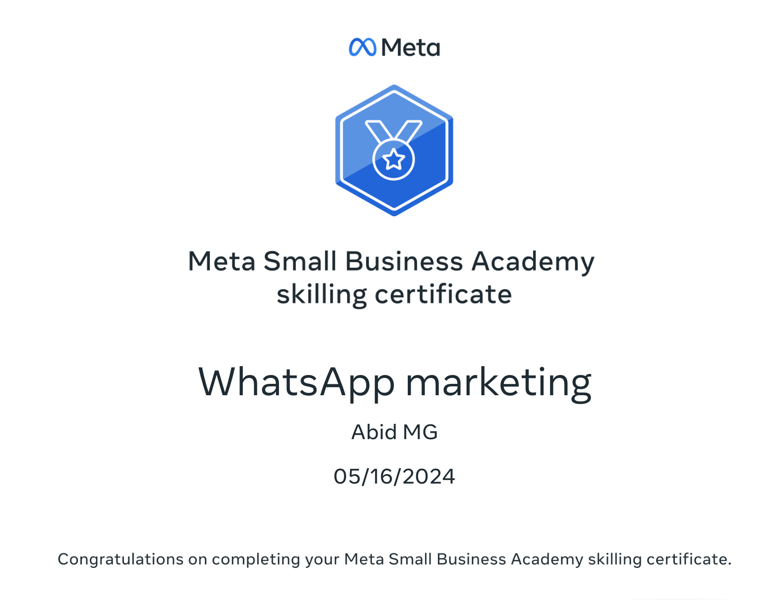 Abid Mohammed Meta Whatsapp Marketing certificate